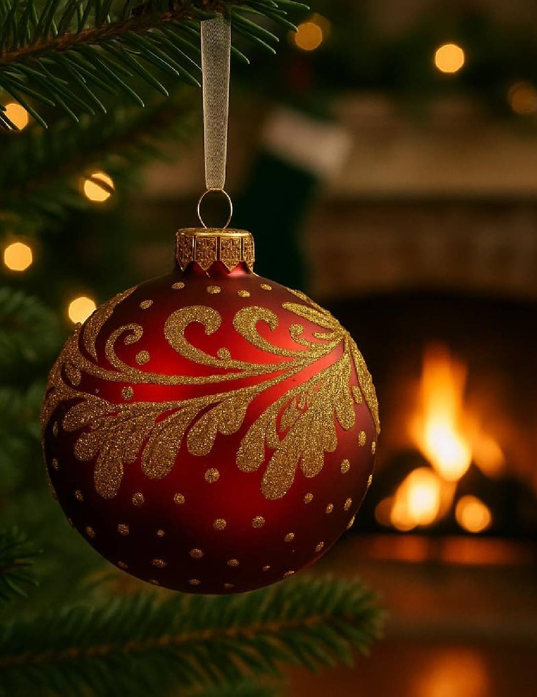 Pallina Albero Di Natale In Vetro Con Agrifoglio Oro Glitter 8cm