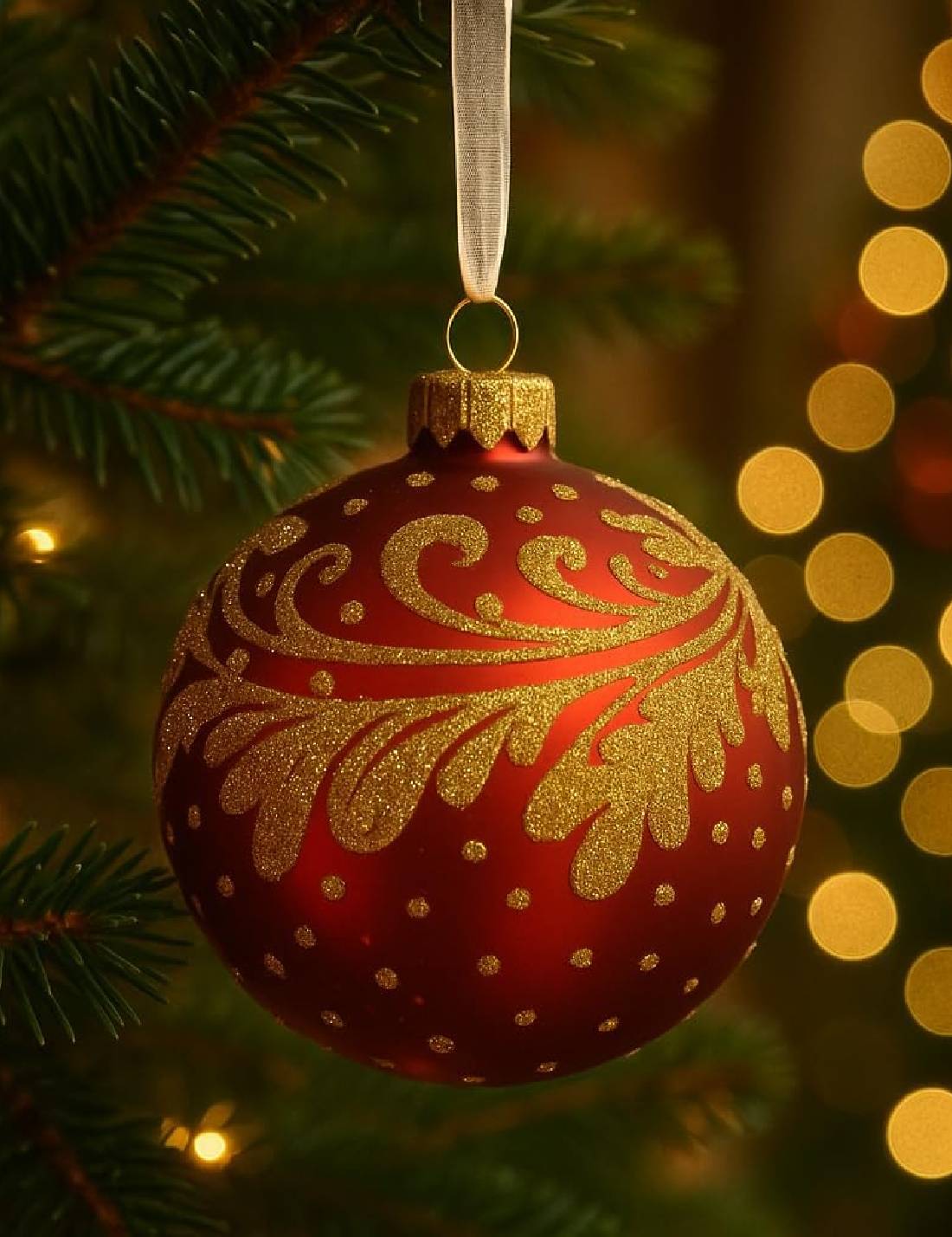 Pallina Albero Di Natale In Vetro Con Agrifoglio Oro Glitter 8cm