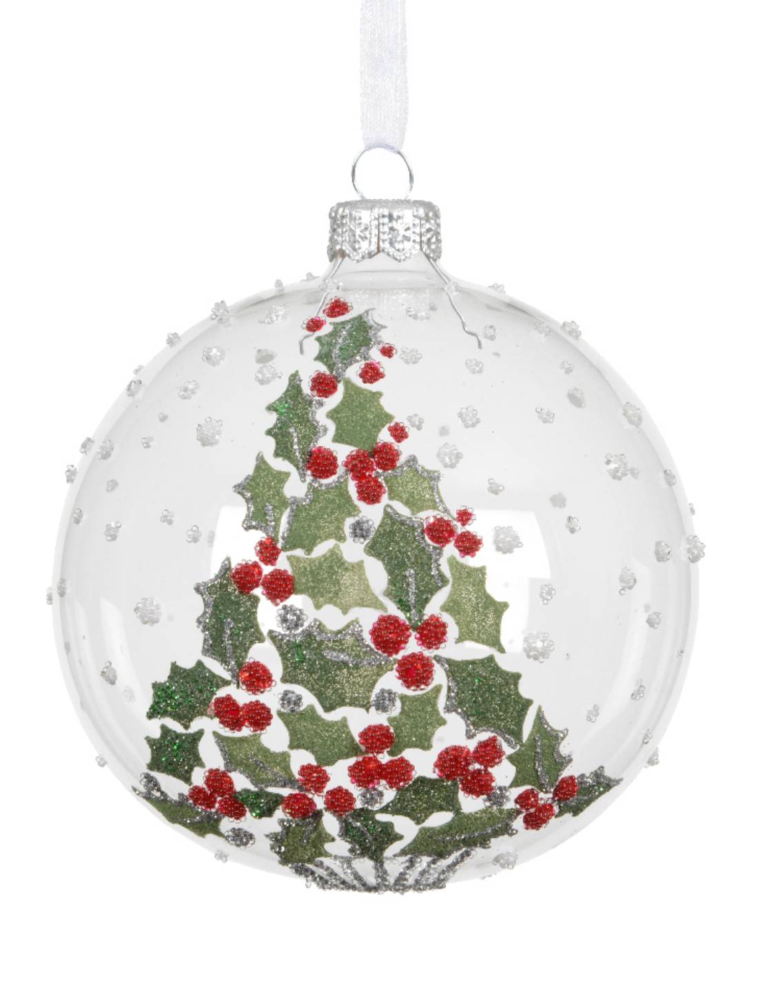 Pallina Albero Di Natale In Vetro Trasparente Con Agrifoglio 10cm