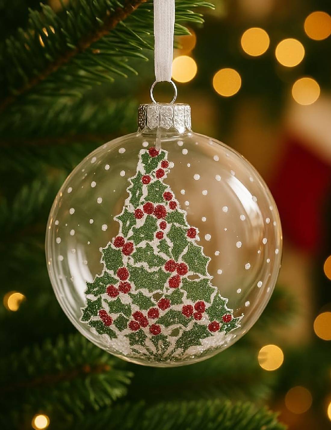 Pallina Albero Di Natale In Vetro Trasparente Con Agrifoglio 10cm