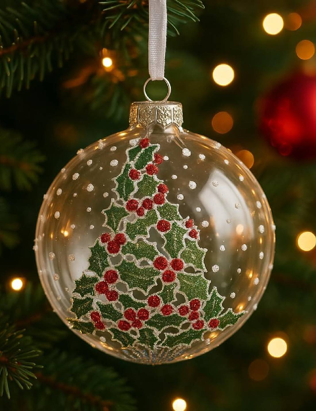 Pallina Albero Di Natale In Vetro Trasparente Con Agrifoglio 10cm
