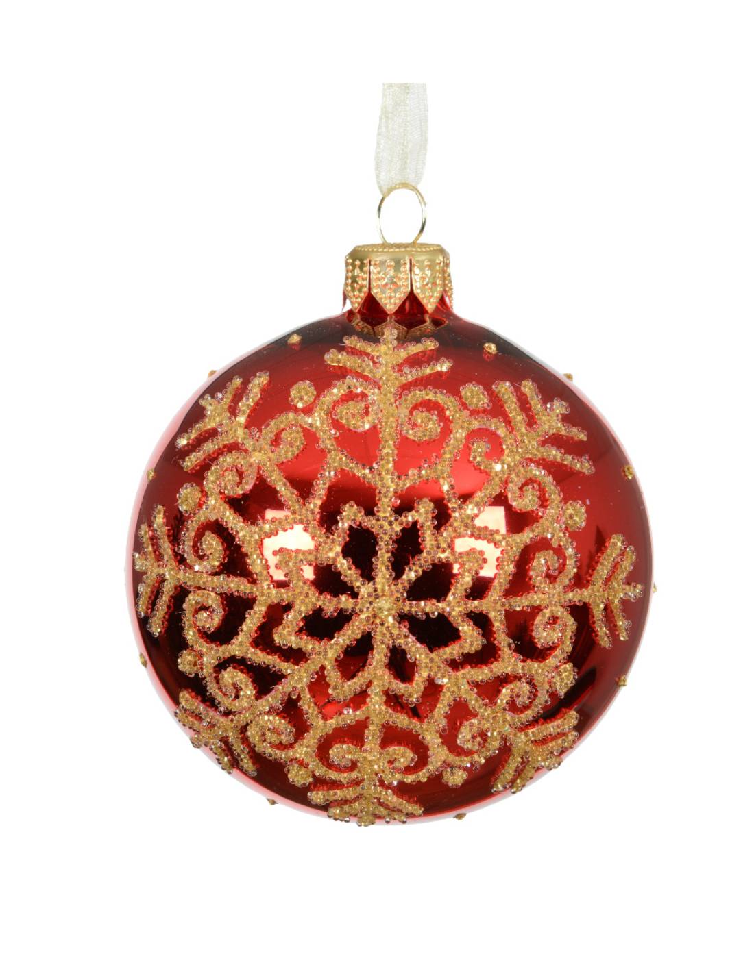Pallina Albero Di Natale In Vetro Rossa Con Fiocco Di Neve Oro 8cm