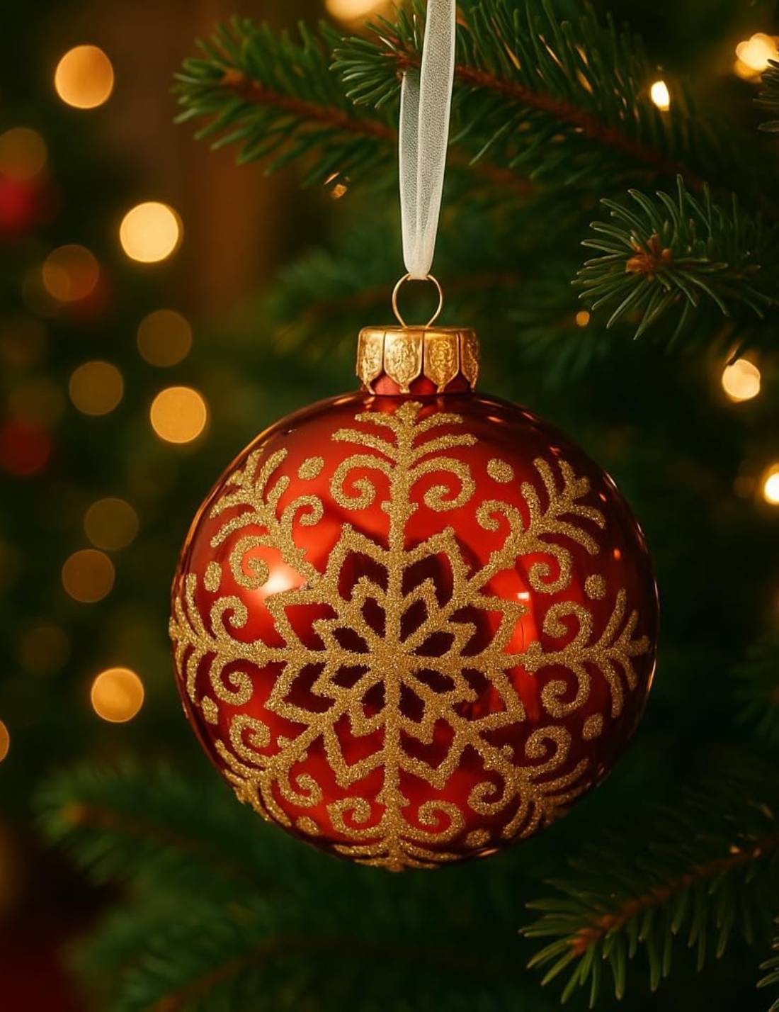 Pallina Albero Di Natale In Vetro Rossa Con Fiocco Di Neve Oro 8cm