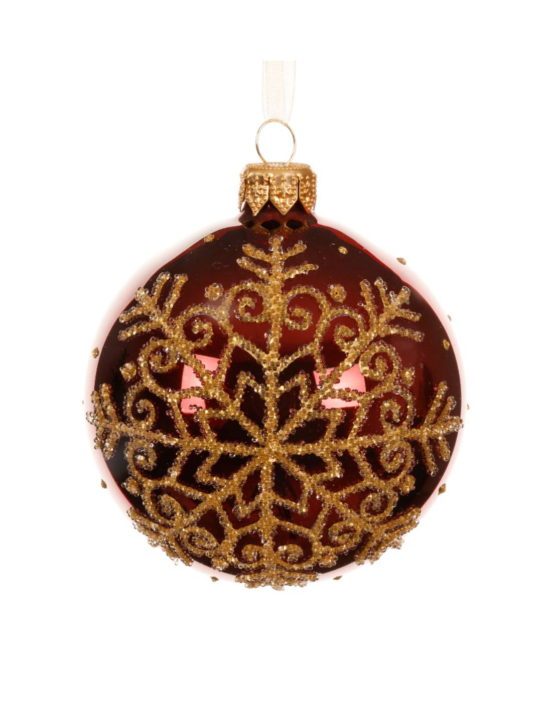 Pallina Albero Di Natale In Vetro Bordeaux Con Fiocco Di Neve Oro 8cm