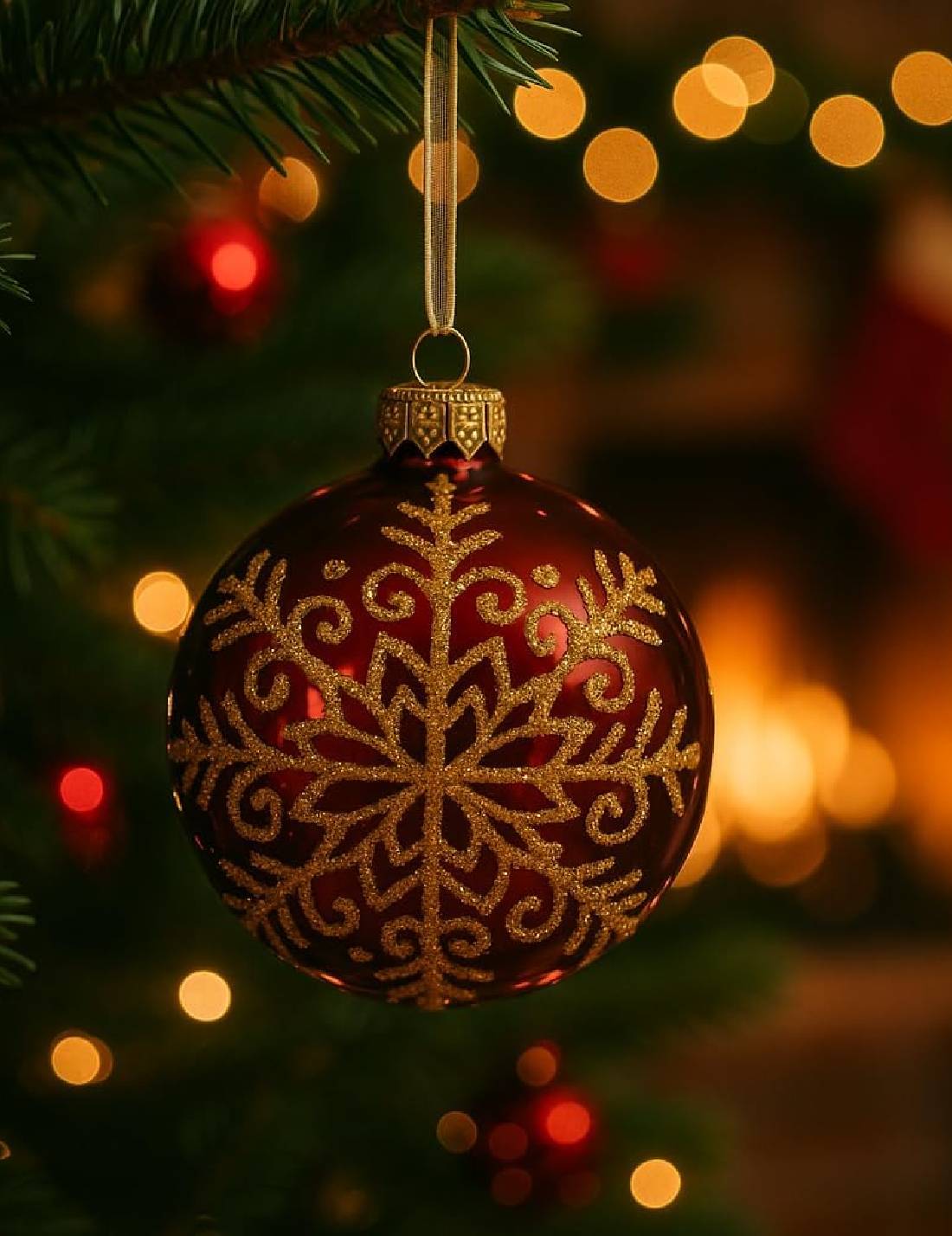 Pallina Albero Di Natale In Vetro Bordeaux Con Fiocco Di Neve Oro 8cm