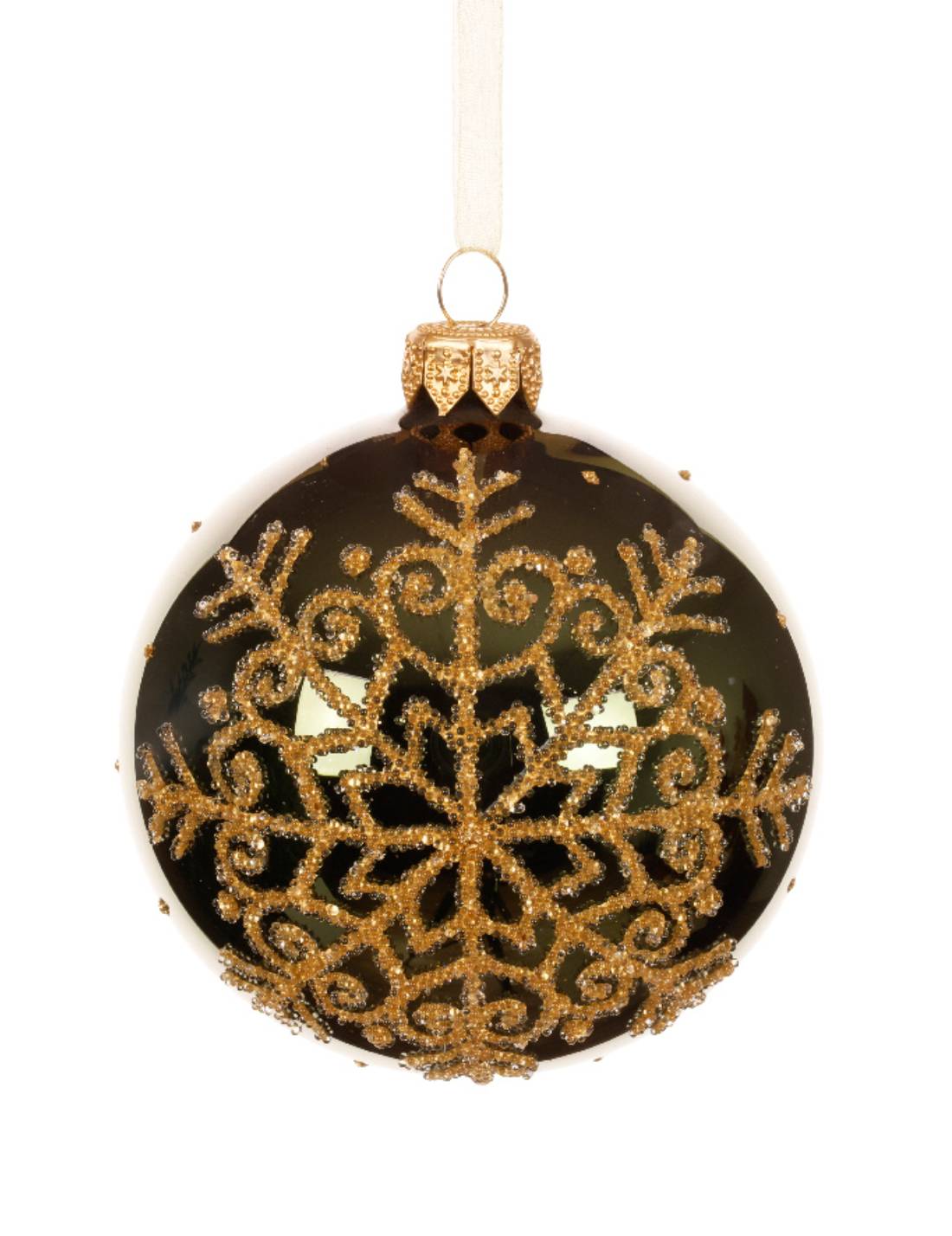 Pallina Albero Di Natale In Vetro Verde Pino Con Fiocco Di Neve Oro 8cm