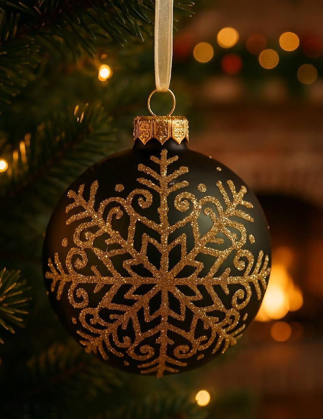 Pallina Albero Di Natale In Vetro Verde Pino Con Fiocco Di Neve Oro 8cm