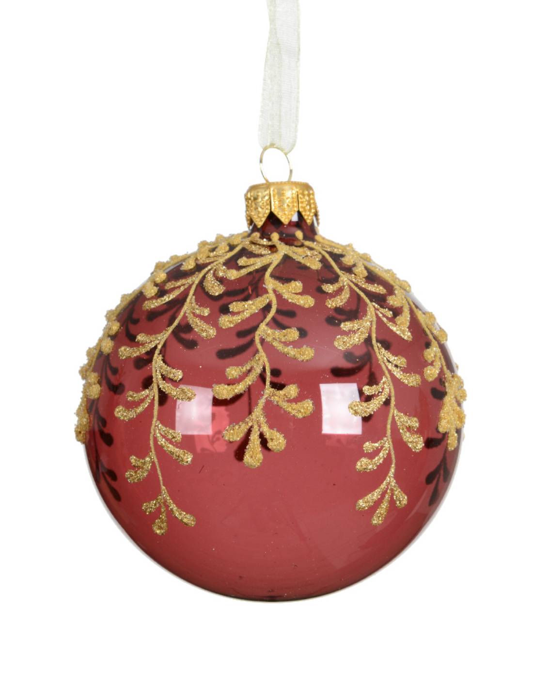 Pallina Albero Di Natale In Vetro Rossa Trasparente Con Agrifoglio Oro 8cm
