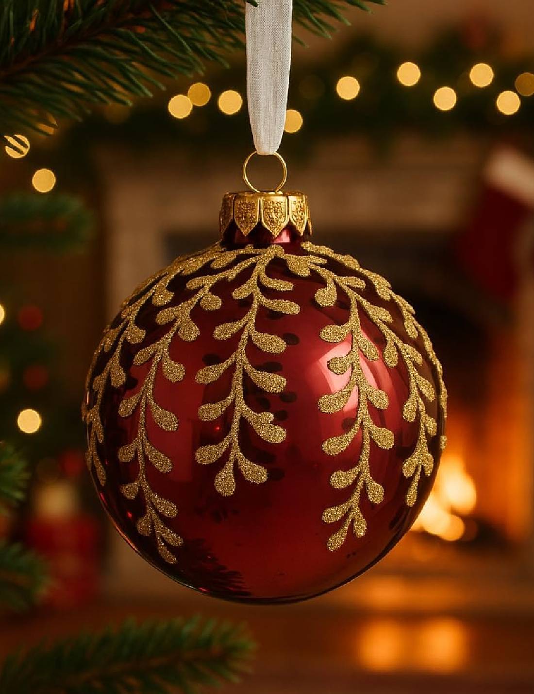 Pallina Albero Di Natale In Vetro Rossa Trasparente Con Agrifoglio Oro 8cm