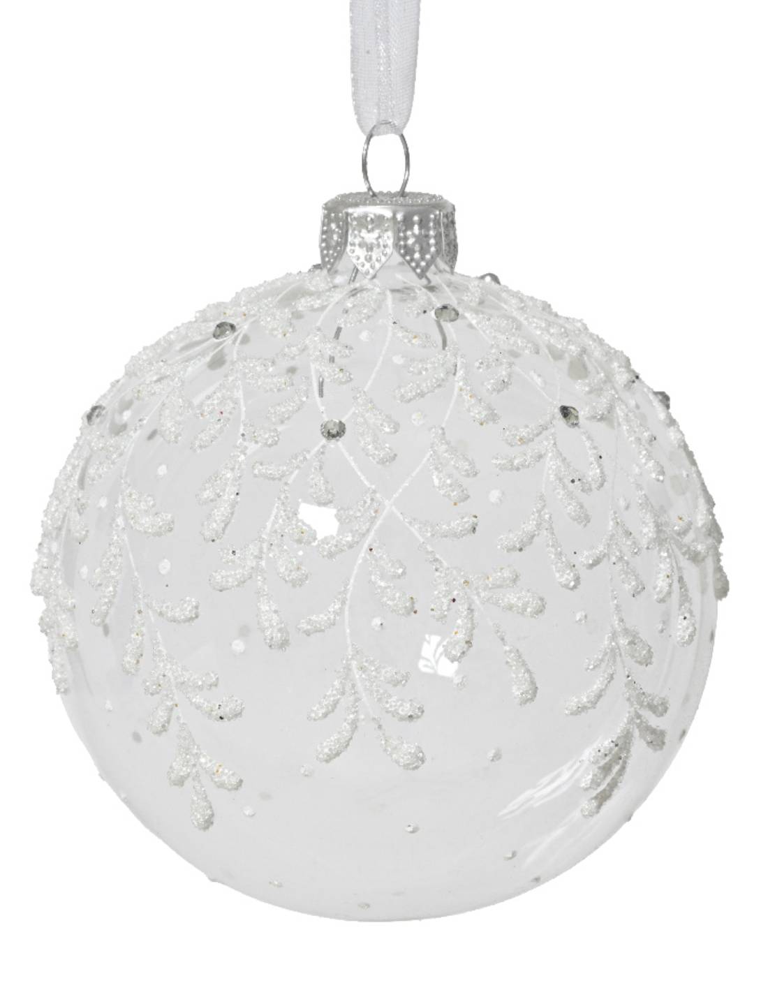 Pallina Albero Di Natale In Vetro Trasparente Con Agrifoglio Argento 8cm