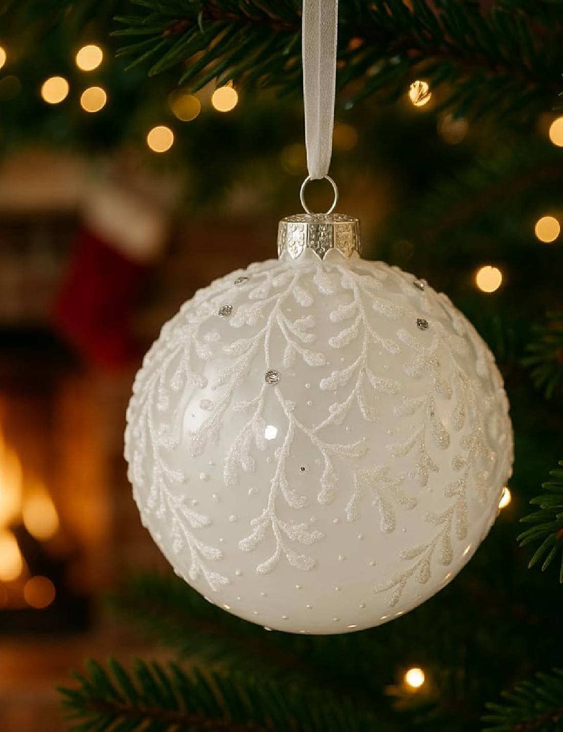 Pallina Albero Di Natale In Vetro Trasparente Con Agrifoglio Argento 8cm
