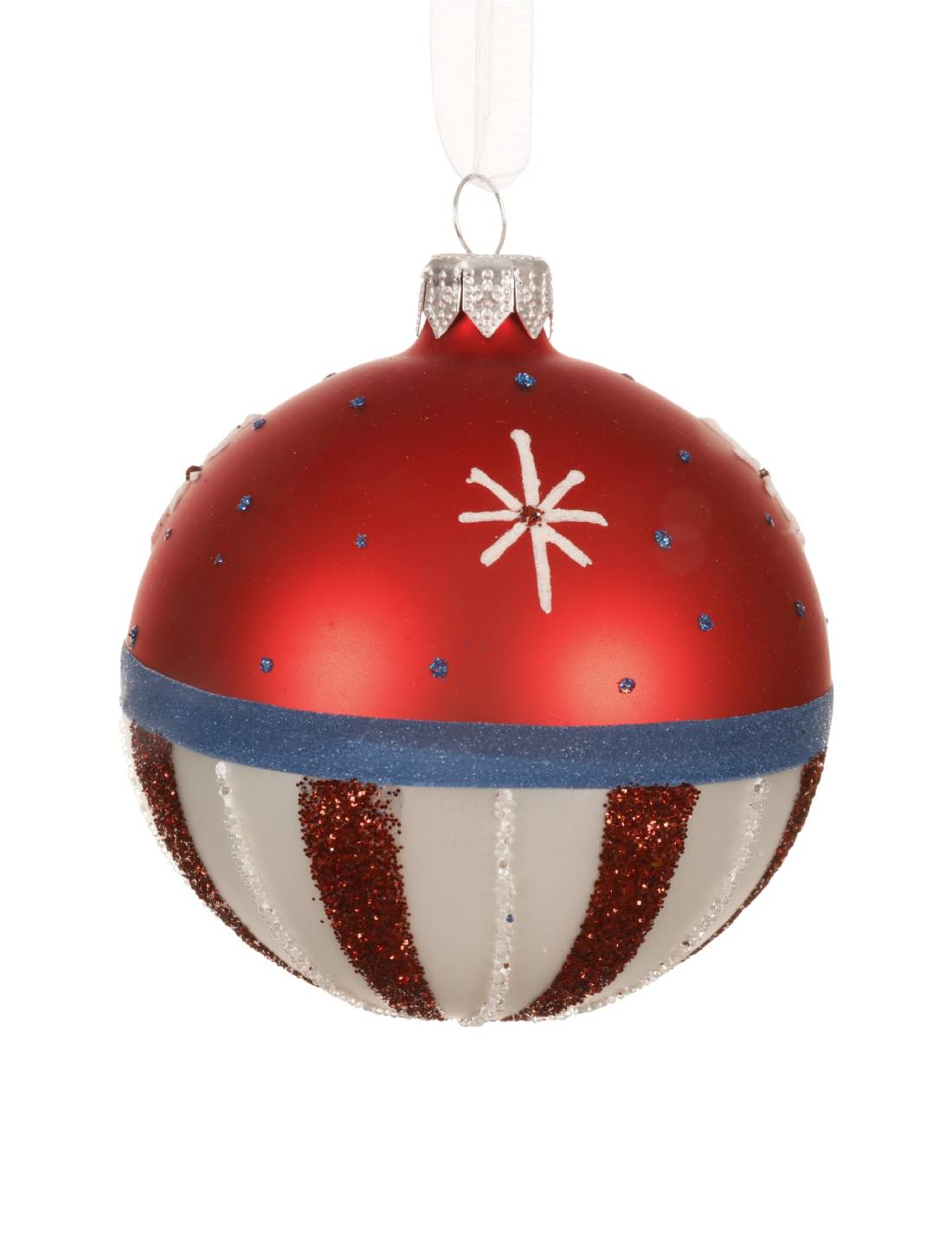 Pallina Albero Di Natale In Vetro Rossa E Bianca Con Fiocco Di Neve 8cm