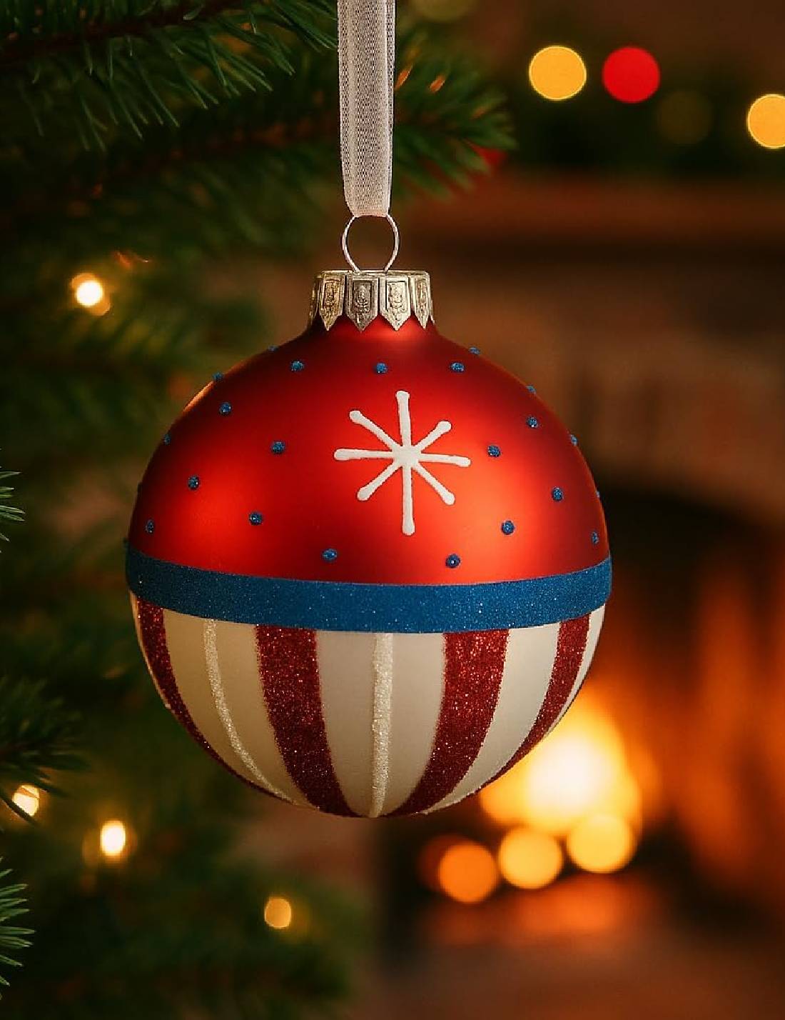 Pallina Albero Di Natale In Vetro Rossa E Bianca Con Fiocco Di Neve 8cm