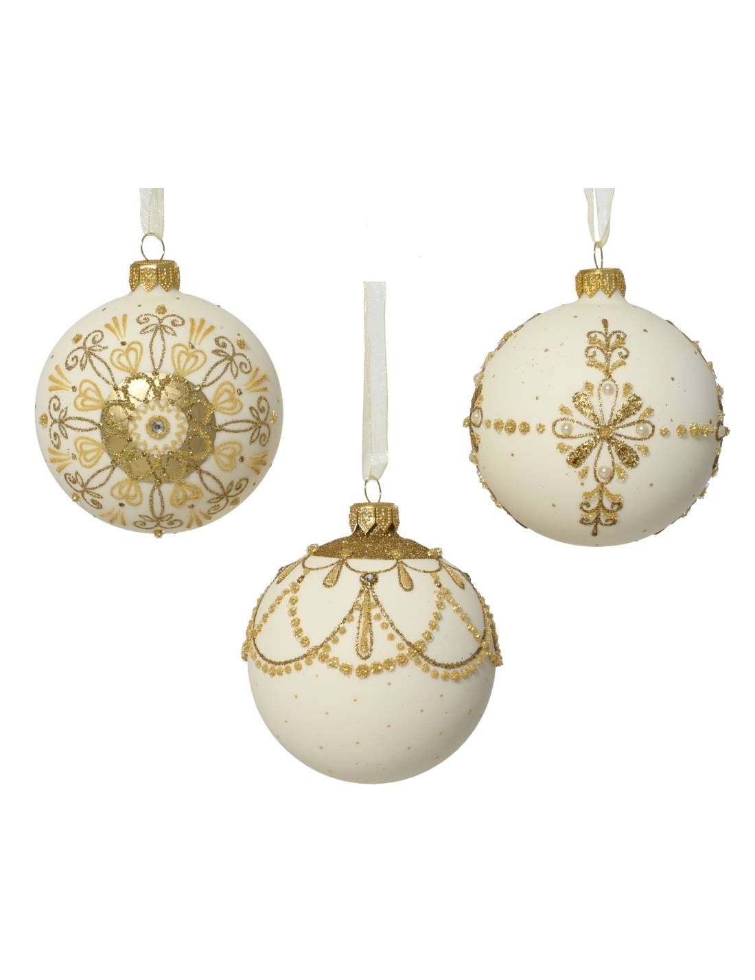 Pallina Albero Di Natale In Vetro Bianca Con Decorazioni E Perline Dorate 8cm
