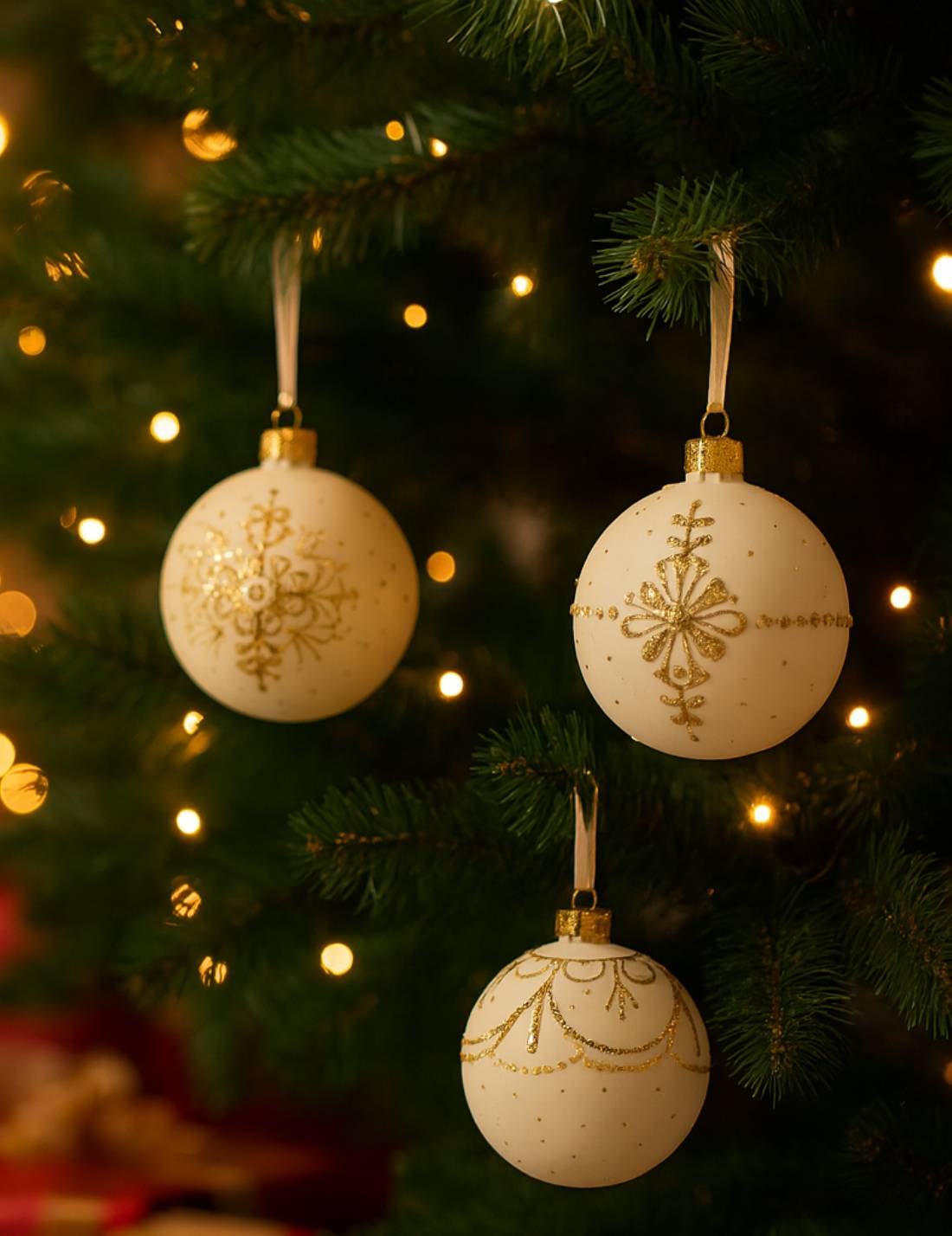 Pallina Albero Di Natale In Vetro Bianca Con Decorazioni E Perline Dorate 8cm