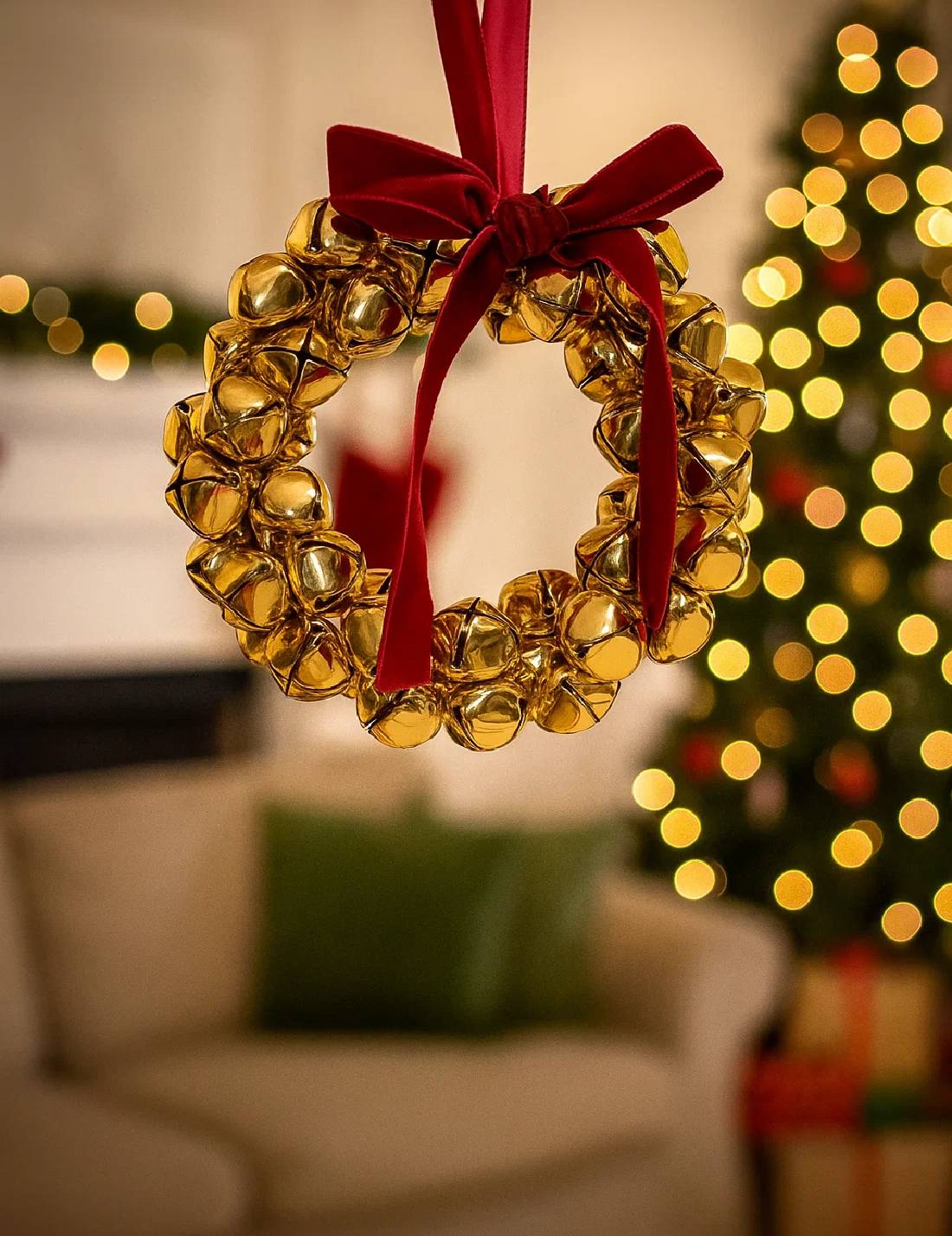 Addobbo Di Natale Ghirlanda Campanelle Oro 13cm