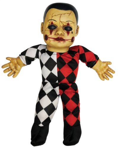 Bambola Horror Con Vestito a Rombi Luci E Suono 30cm Ornamenti Halloween