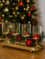 Candelabro Ovale Di Natale In Ferro Color Oro Con 4 Portacandele 48cm