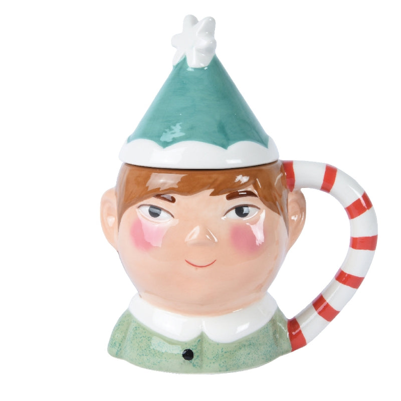 Tazza Natalizia In Ceramica Verde Elfo Babbo Natale Sagomato Con Coperchio