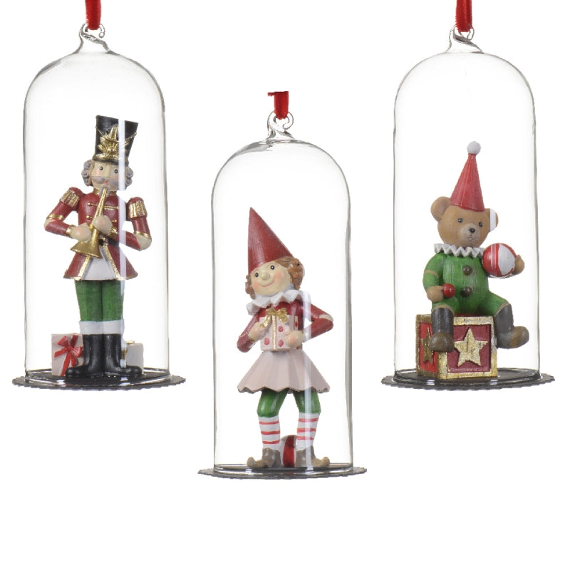 Addobbo Albero Di Natale Campana Vetro Con Marionetta Schiaccianoci Pupazzo E Orsetto Assortiti 15cm