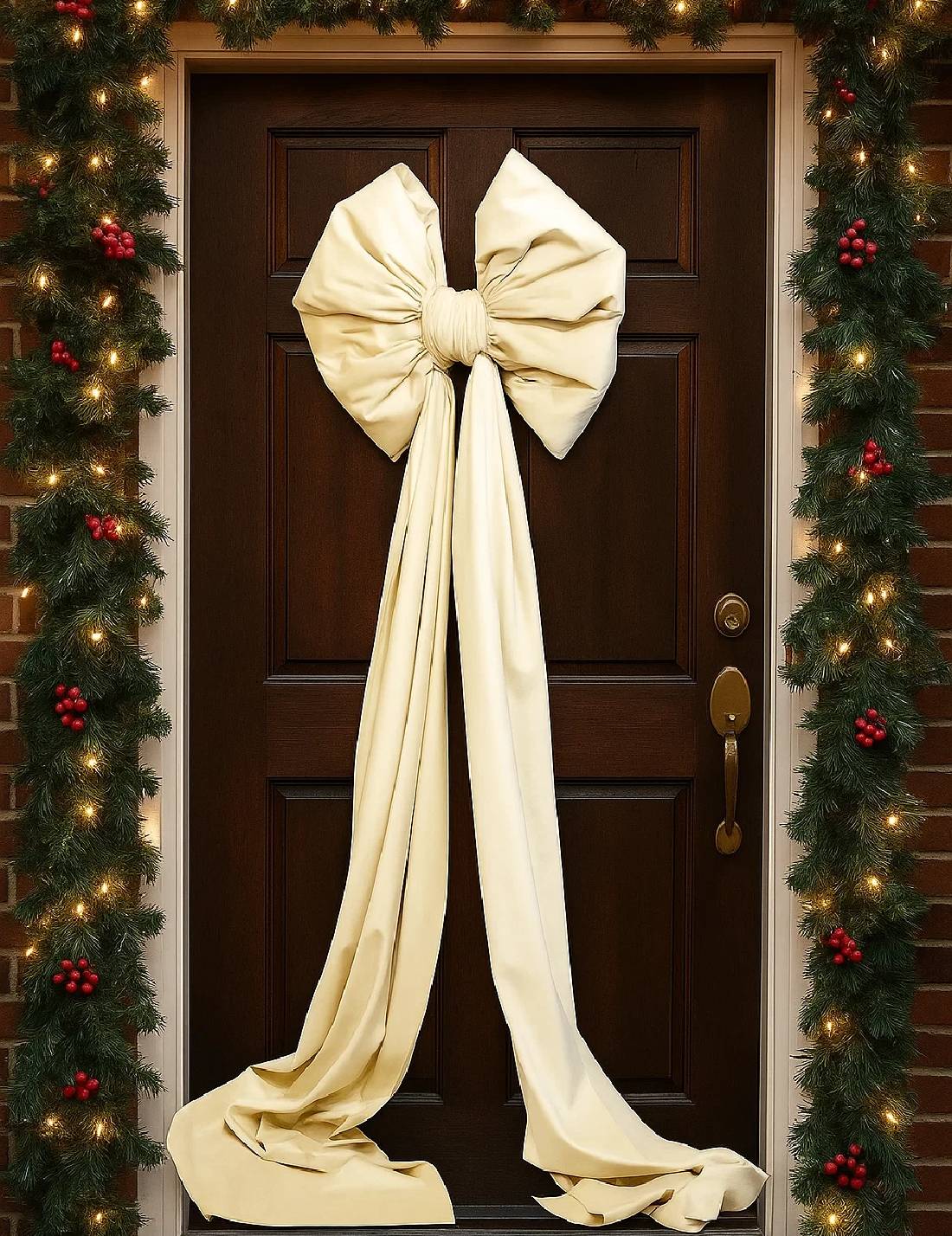 Addobbo Albero Di Natale Fiocco Di Velluto Crema Con Code 48x180cm