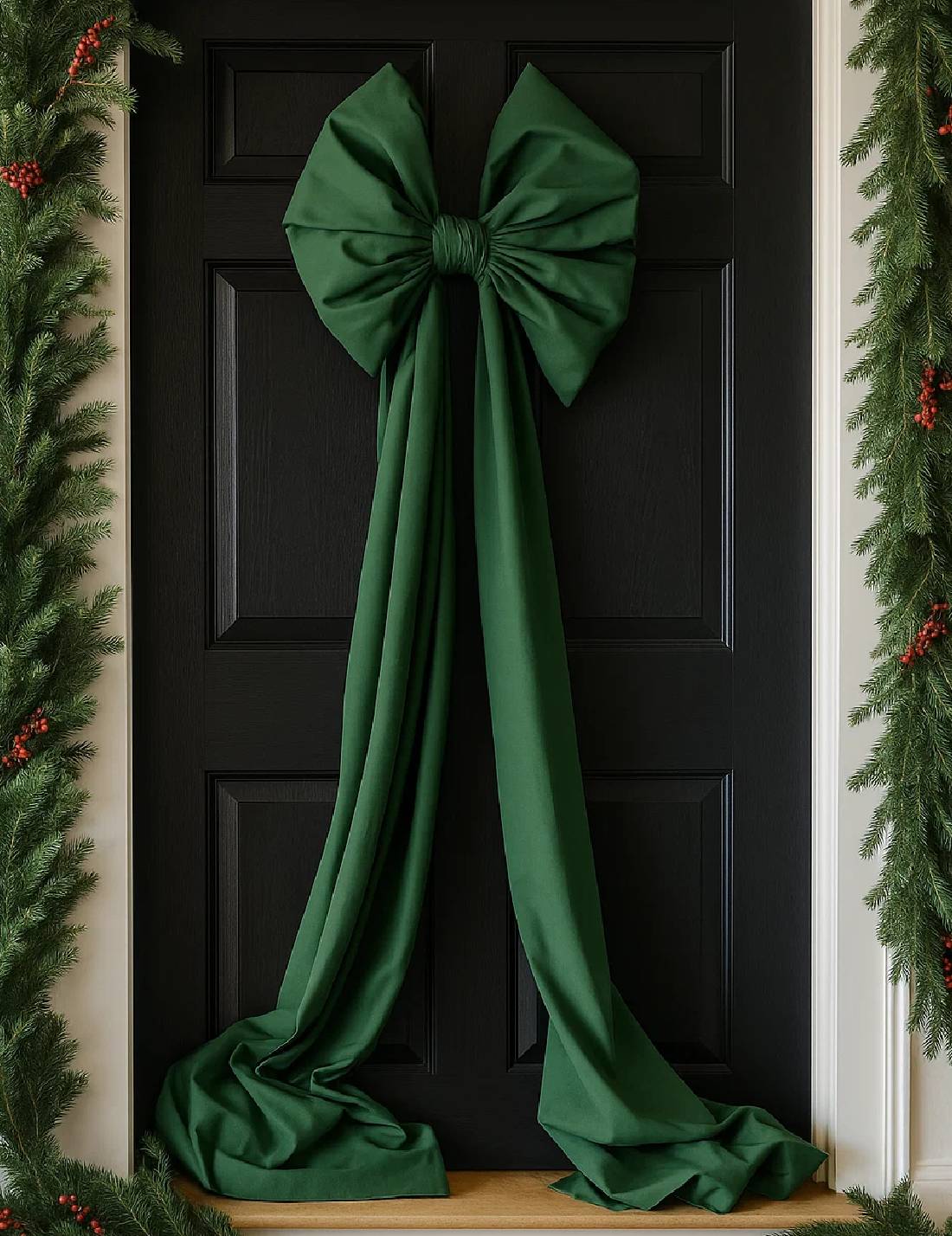 Addobbo Albero Di Natale Fiocco Di Velluto Verde Scuro Con Code 48x180cm