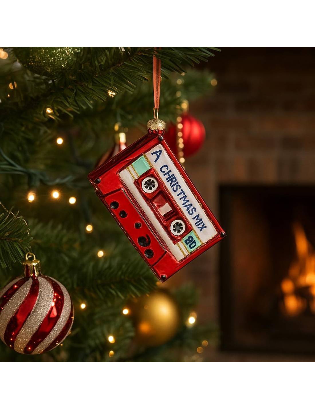Addobbo Albero Di Natale Ciondolo In Vetro Musicassetta Rossa
