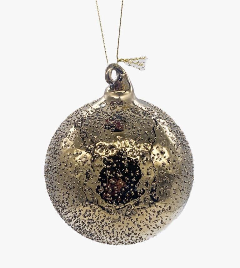 Pallina Albero Di Natale In Vetro Oro Con Decoro In Rilievo 8cm