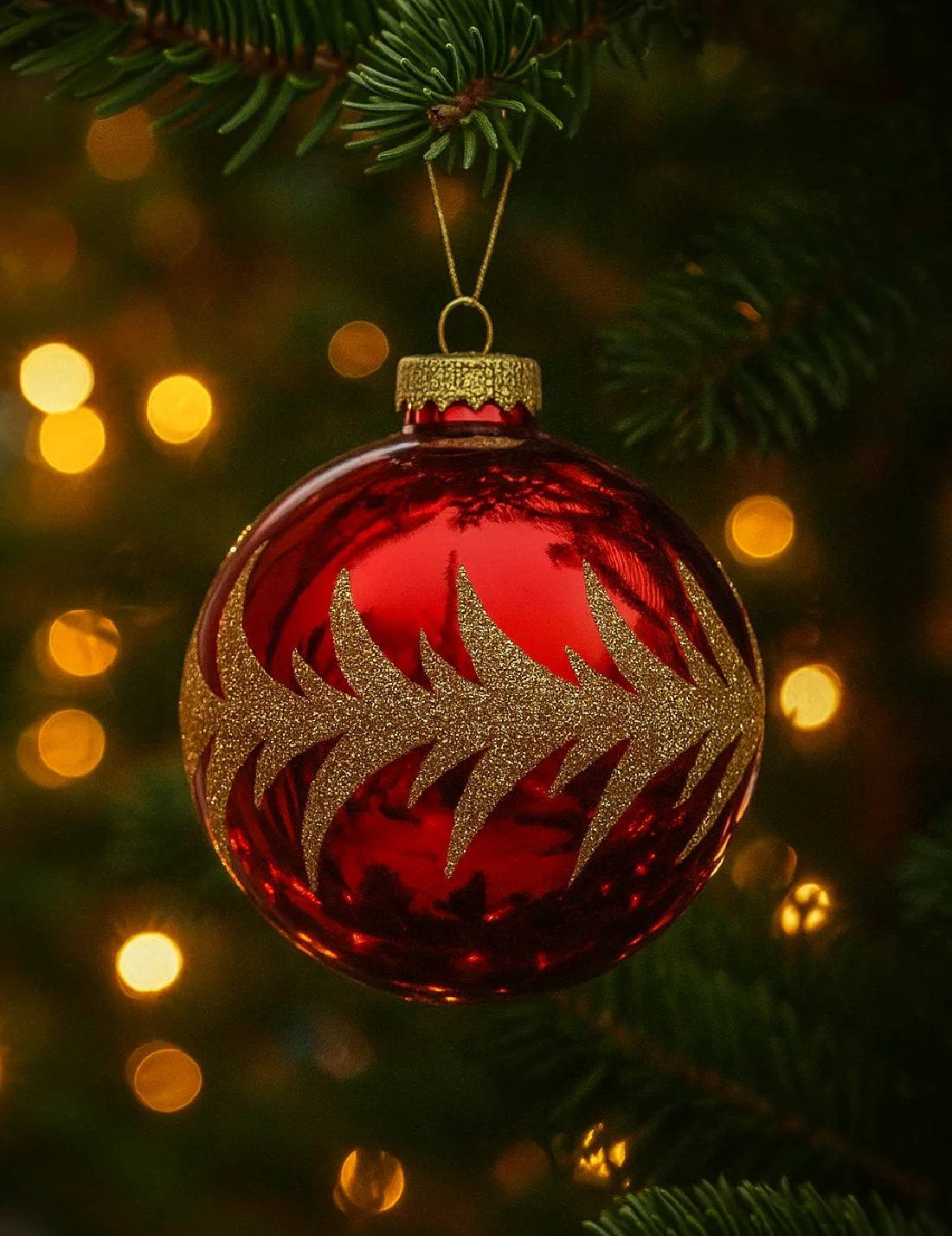Pallina Albero Di Natale Rossa Con Ramo Glitter Oro 8cm