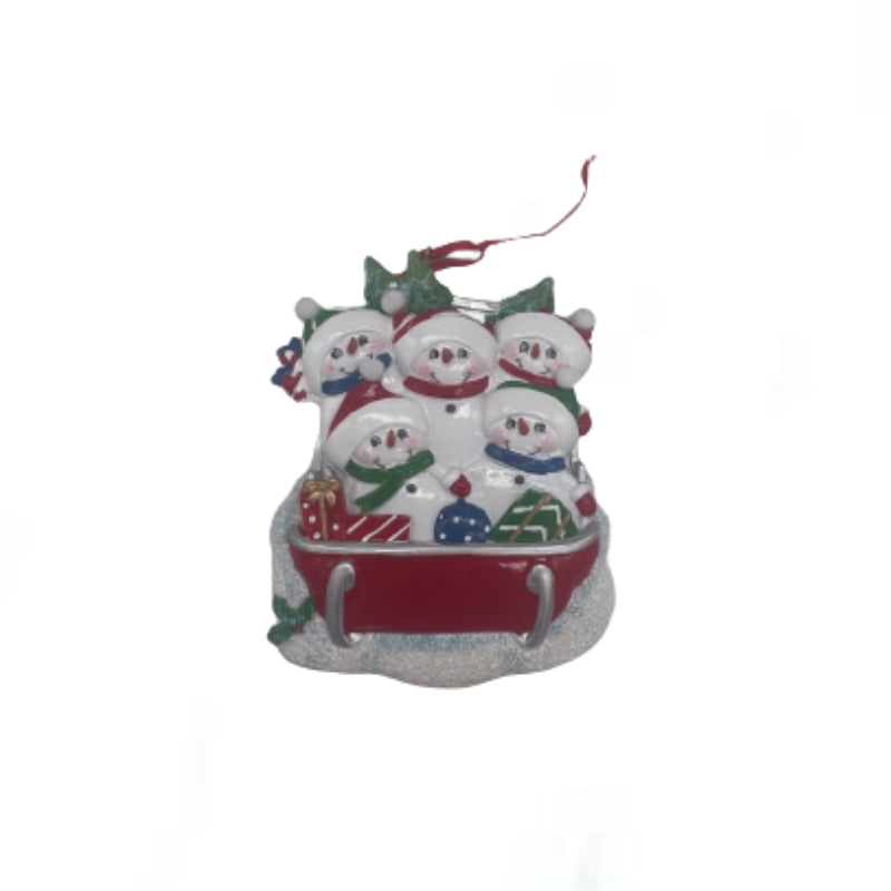 Addobbo Albero Di Natale Famiglia 5 Pupazzi Con Slittino Personalizzabile 10cm