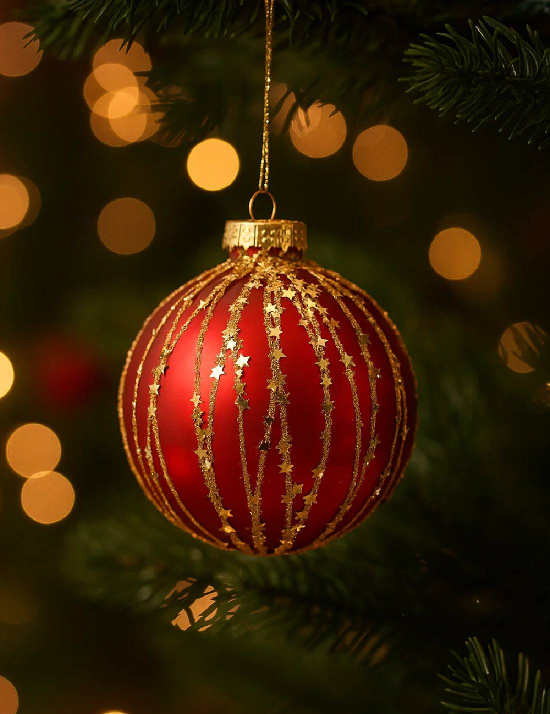 Pallina Albero Di Natale Rossa Con Stelle Dorate 10cm