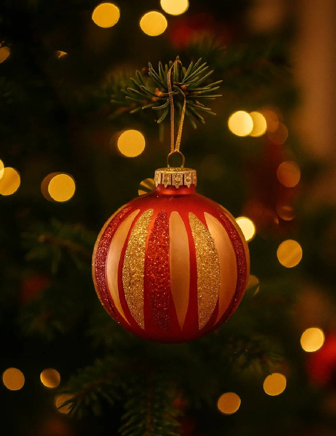 Pallina Albero Di Natale Rossa E Oro Strisce Glitter 8cm