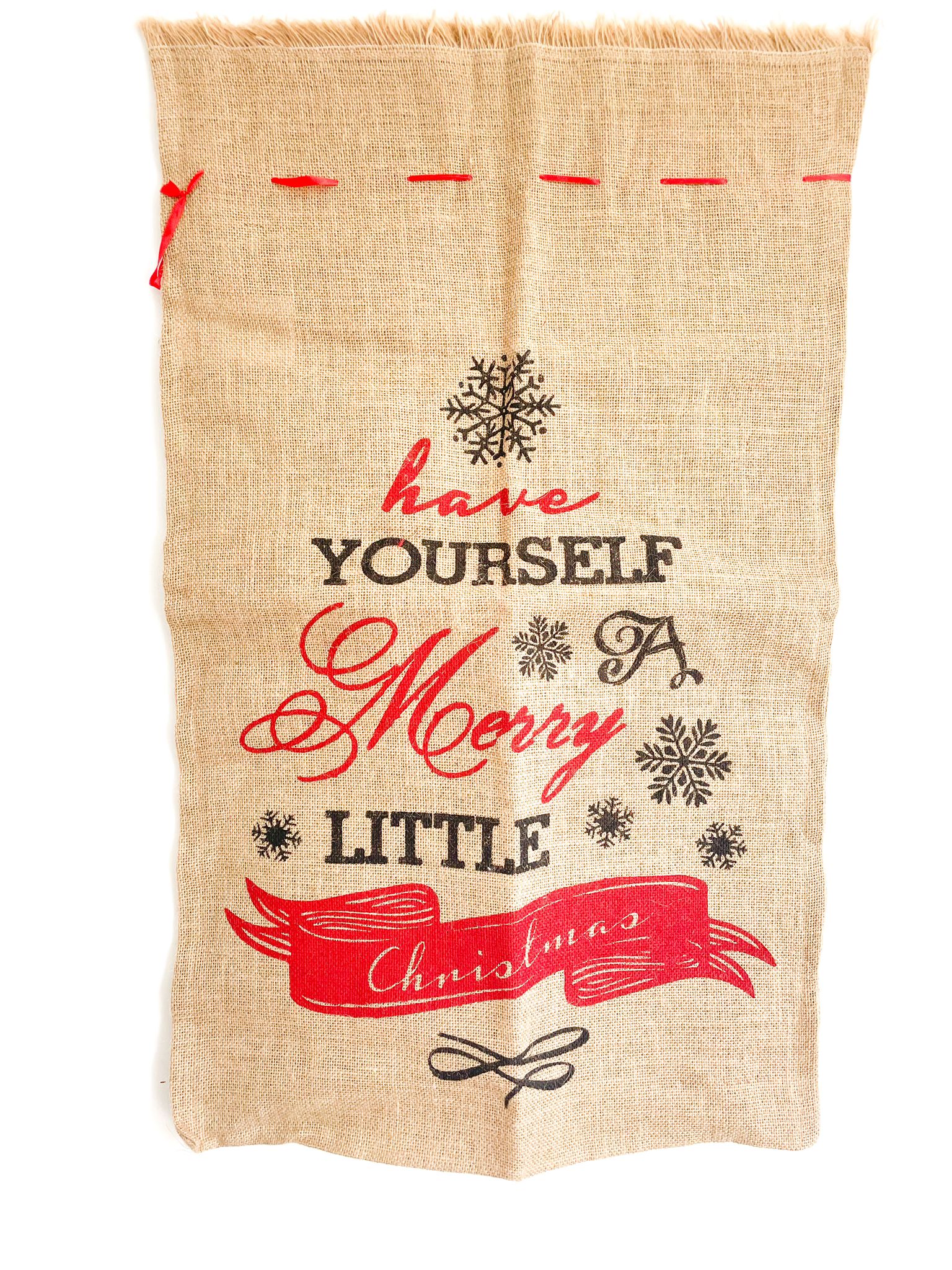 Sacco Natalizio In Juta Con Scritte E Fiocchi Di Neve 48x80cm