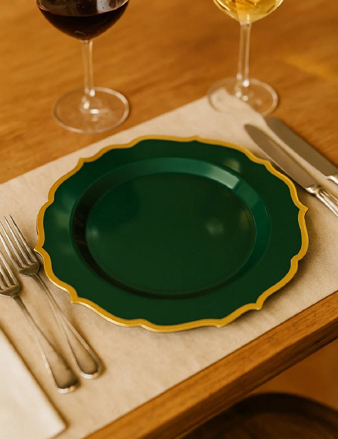 Set 10pz Piatti In Plastica Verdi Stilizzati Bordo Dorato 26cm