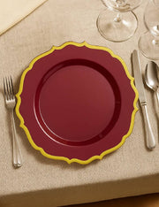 Set 10pz Piatti In Plastica Bordeaux Bordo Dorato 26cm