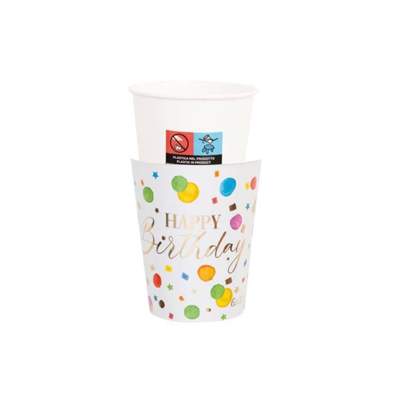 8 Bicchieri di Carta Neutri 250cc 8 Cover Happy Birthday