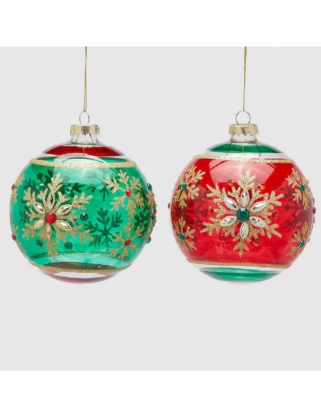 Pallina Albero Di Natale In Vetro Rosso E Verde Con Fiocco Di Neve 12cm Prodotto Assortito