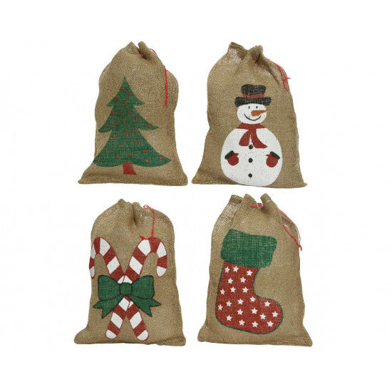Sacco Natalizio In Juta Con Figure Di Natale Assortite 35x50cm
