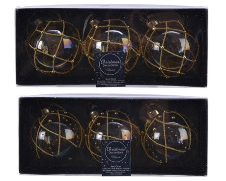 Pallina Albero Di Natale In Vetro Trasparente e Oro 3Pz 8cm