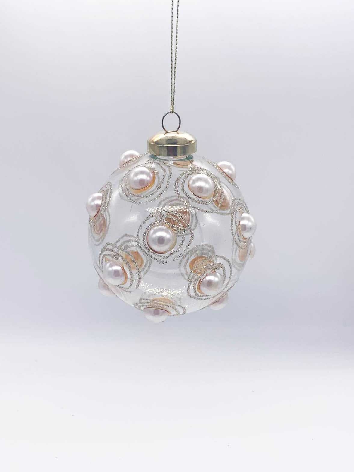 Pallina Albero Di Natale In Vetro Trasparente Con Perle 8cm