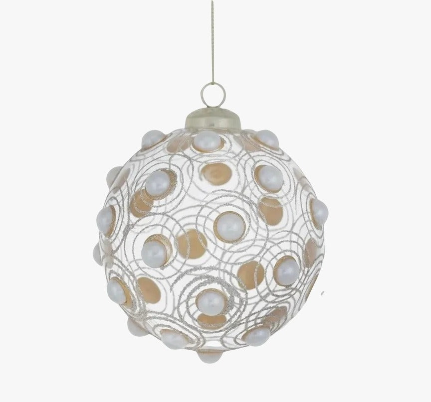 Pallina Albero Di Natale In Vetro Trasparente Con Perle 10cm