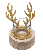 Portacandela Natalizio In Legno E Vetro Corna Di Renna Oro 11cm