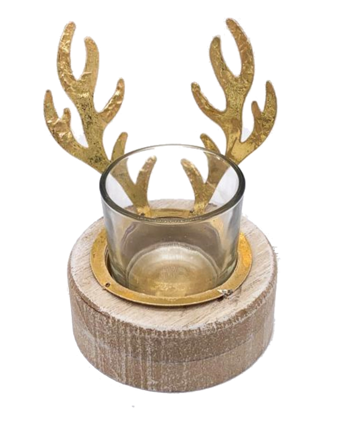 Portacandela Natalizio In Legno E Vetro Corna Di Renna Oro 11cm