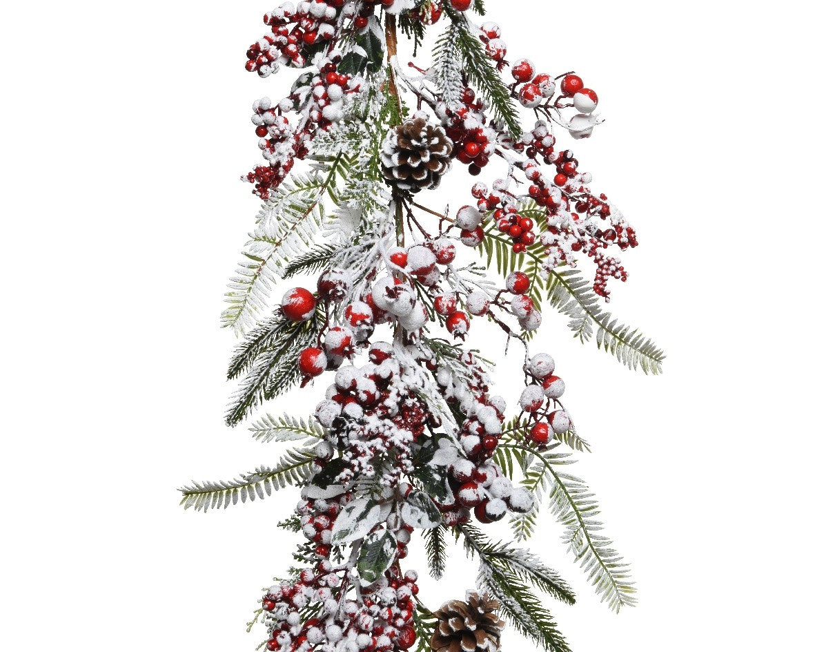 Addobbo Natale Tralcio Ghirlanda Verde Con Pigne E Bacche Innevate 180cm