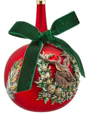 Pallina Albero Di Natale In Vetro Con Renna E Ghirlanda 10cm