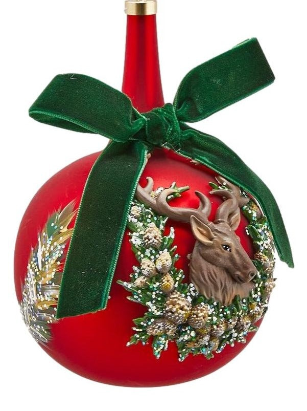 Pallina Albero Di Natale In Vetro Con Renna E Ghirlanda 10cm