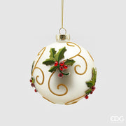 Pallina Albero Di Natale In Vetro Decorata Con Agrifoglio 10cm