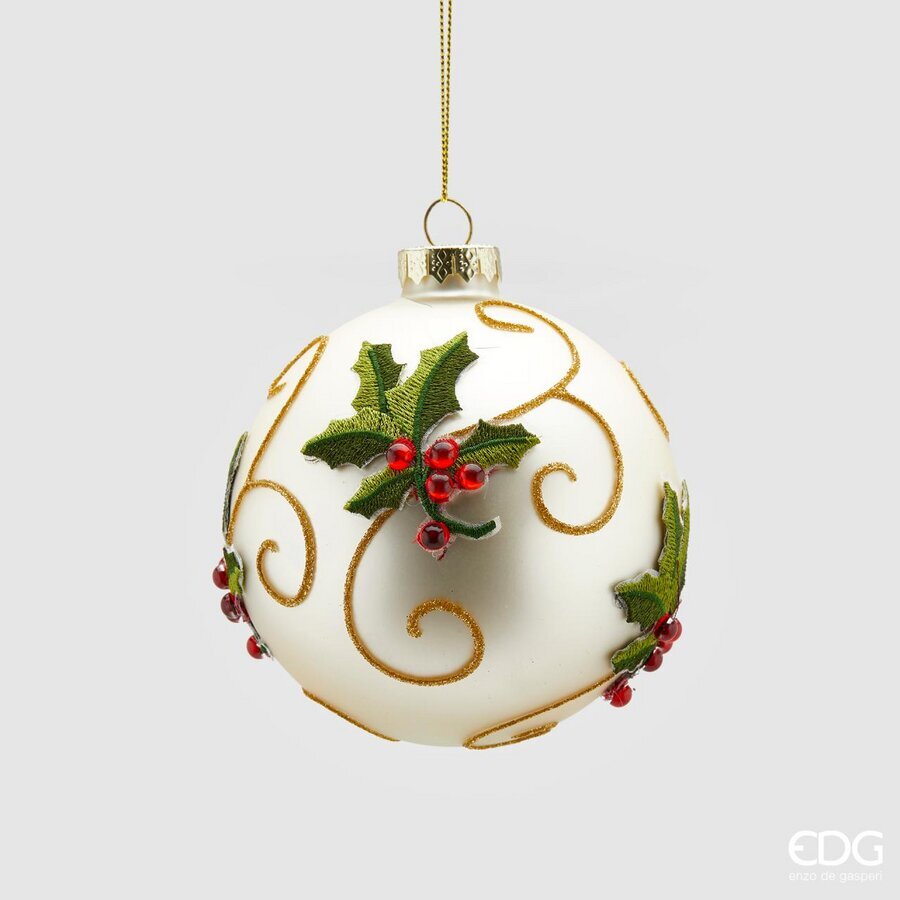 Pallina Albero Di Natale In Vetro Decorata Con Agrifoglio 10cm