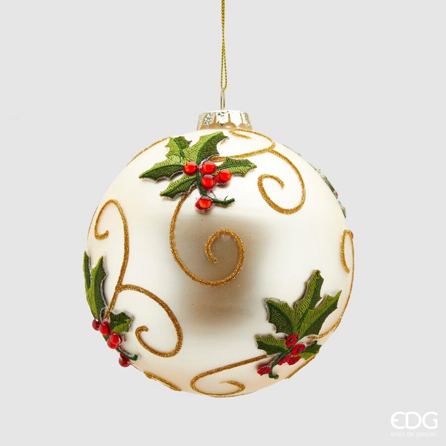 Pallina Albero Di Natale In Vetro Decorata Con Agrifoglio 12cm