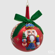 Pallina Albero Di Natale In Vetro Rossa Con Schiaccianoci E Fiocco Verde 12cm